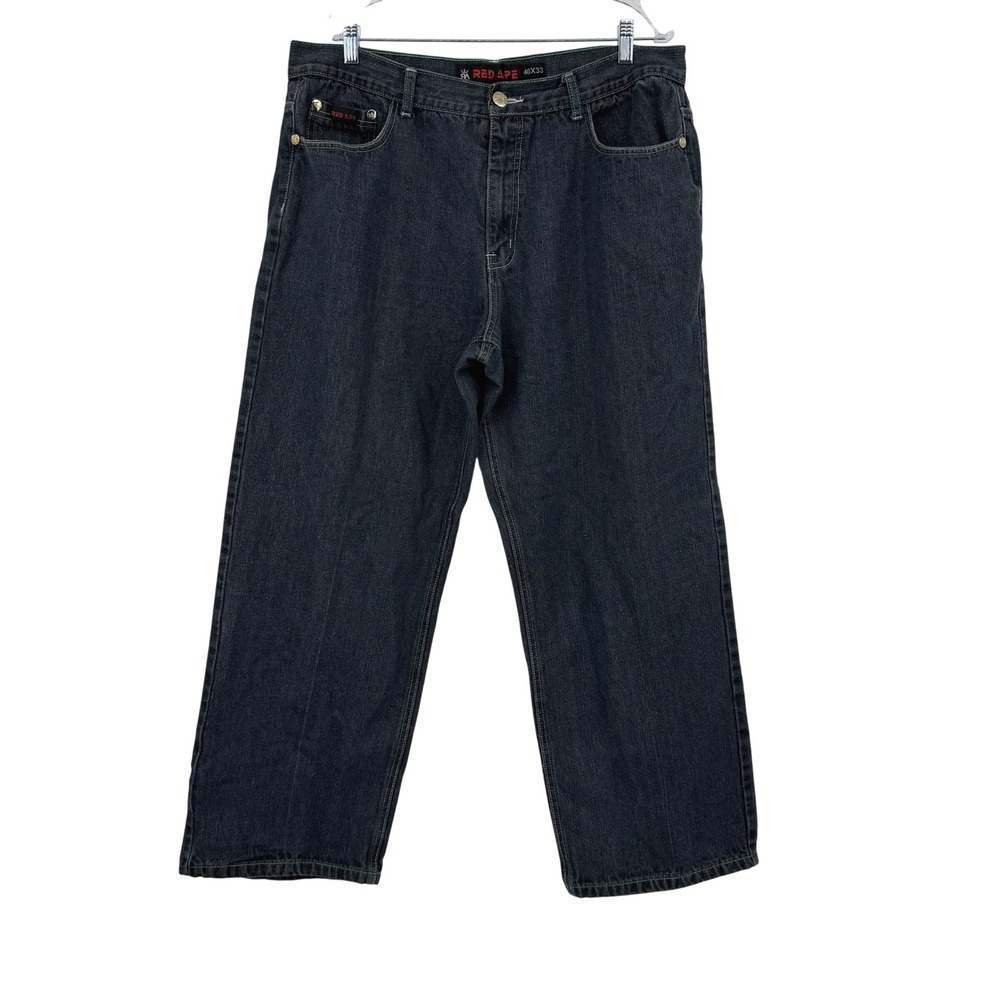 Red Ape Baggy Jeans Mens 40x33 Dark Wash Relaxed Embroidered Baggy Y2K Hip Hop